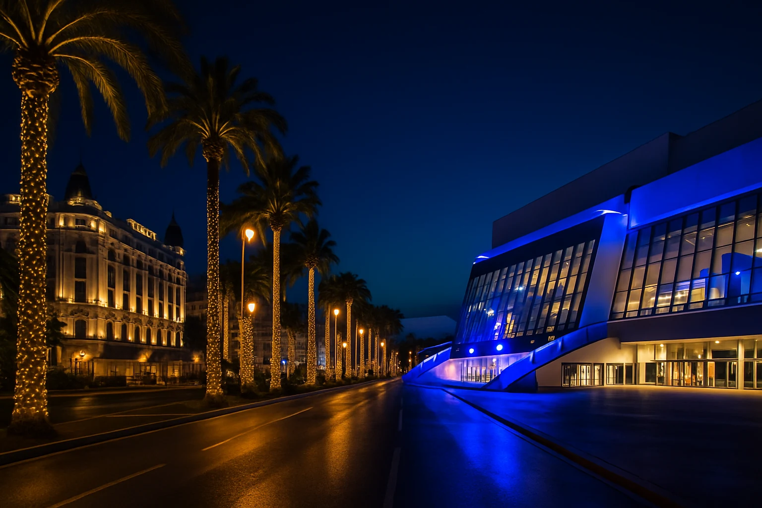 Boulevard de la Croisette illuminated during the Cannes Film Festival