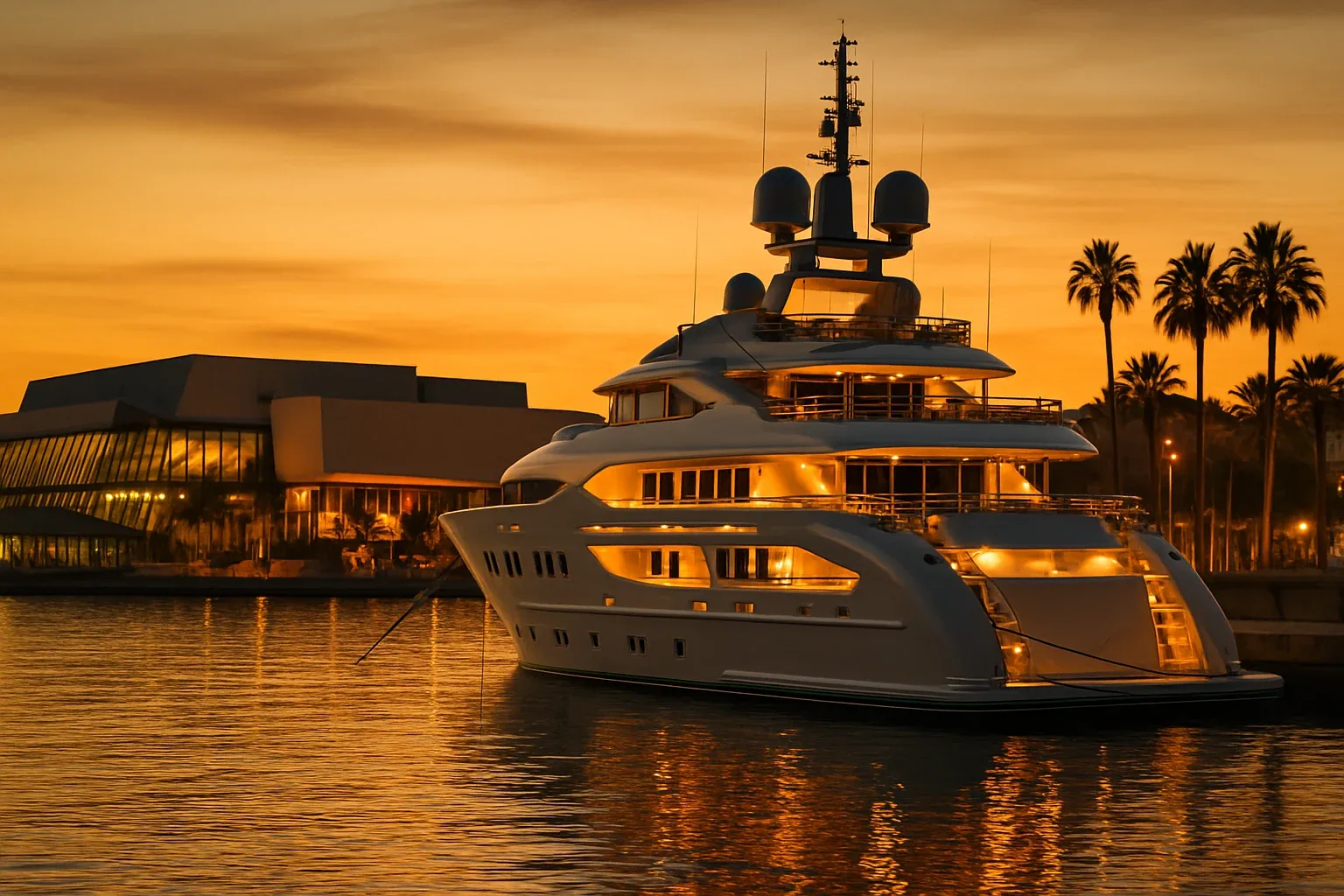 Superyacht au coucher de soleil pendant le Cannes Yachting Festival